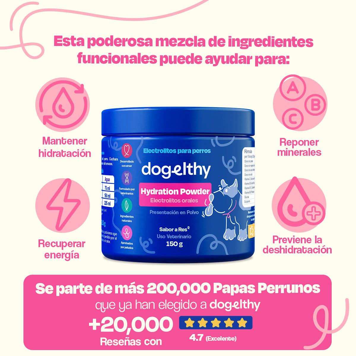Electrolitos para Perros (Rinde 4.5 Lts) - Hydration Powder